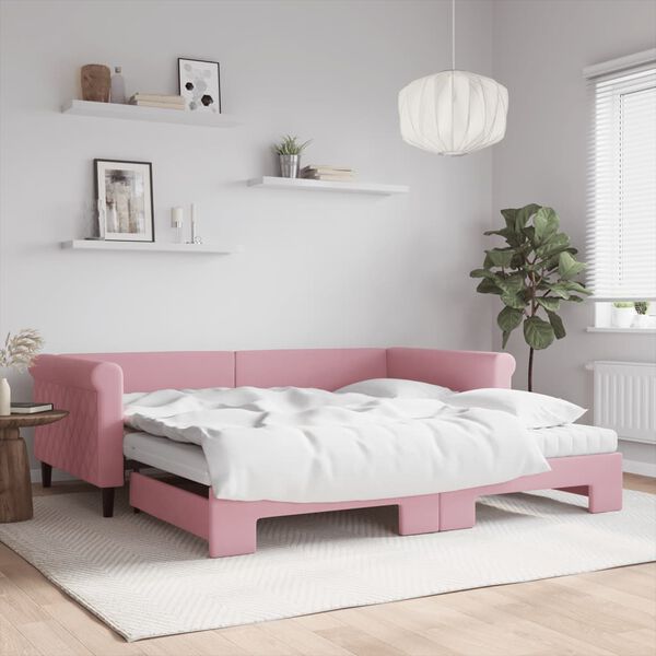 vidaXL Lit de jour avec lit gigogne et matelas rose 100x200 cm velours