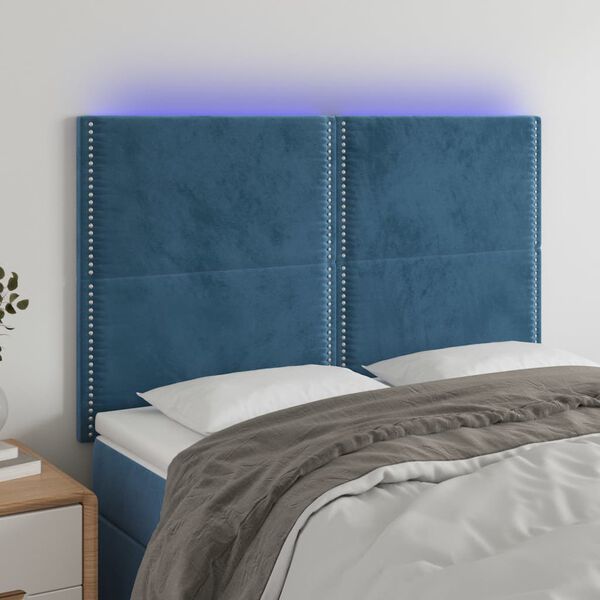 vidaXL T&ecirc;te de lit &agrave; LED Bleu fonc&eacute; 144x5x118/128 cm Velours