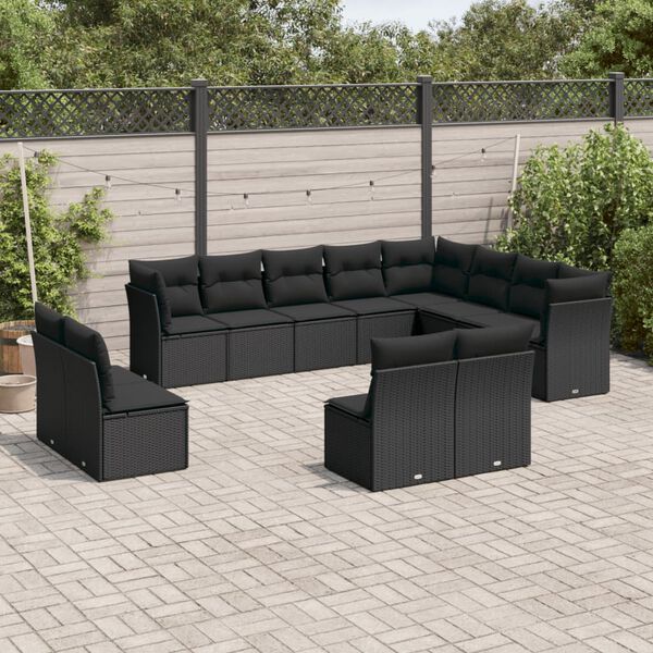 vidaXL Salon de jardin 12 pcs avec coussins noir r&eacute;sine tress&eacute;e