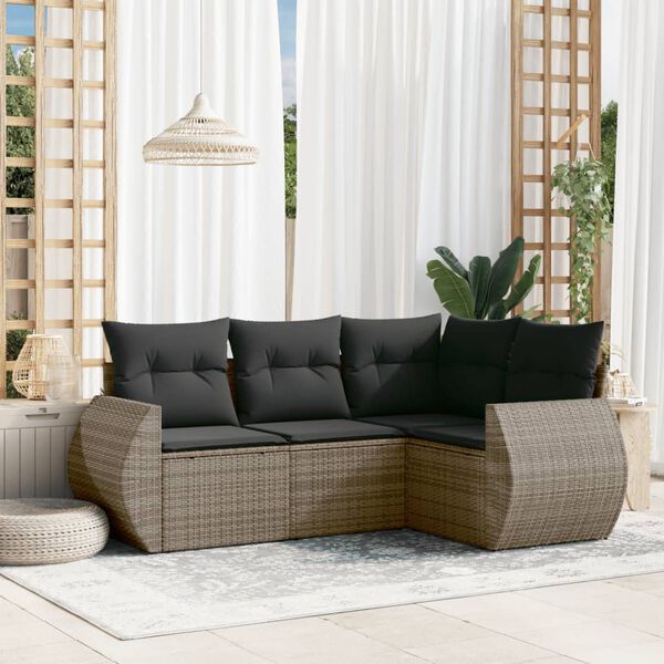 vidaXL Salon de jardin 4 pcs avec coussins gris r&eacute;sine tress&eacute;e