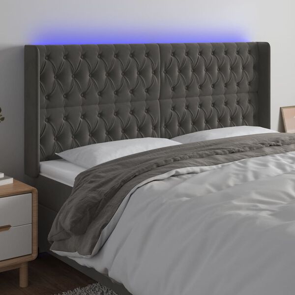 vidaXL T&ecirc;te de lit &agrave; LED Gris fonc&eacute; 203x16x118/128 cm Velours