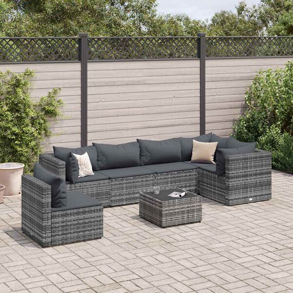 vidaXL Salon de jardin 7 pcs avec coussins Gris R&eacute;sine tress&eacute;e