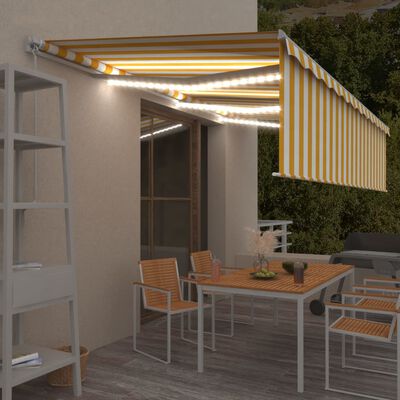 vidaXL Auvent manuel rétractable avec store LED 6x3 m Jaune et blanc