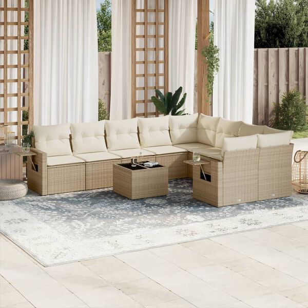 vidaXL Salon de jardin avec coussins 10 pcs beige r&eacute;sine tress&eacute;e