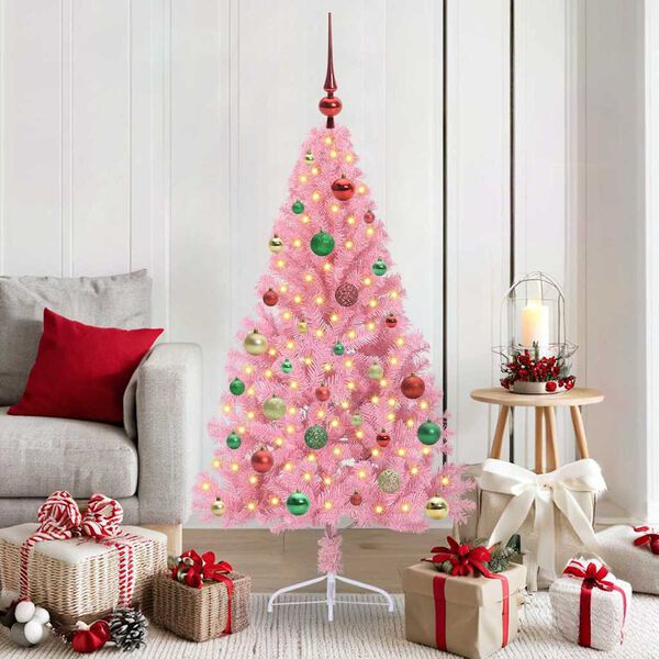 vidaXL Sapin de No&euml;l artificiel pr&eacute;-&eacute;clair&eacute; Rose 150 cm PVC