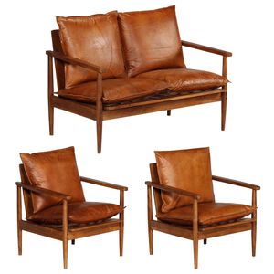 vidaXL Ensemble de canap&eacute;s 3 pcs Cuir v&eacute;ritable Bois massif d'acacia