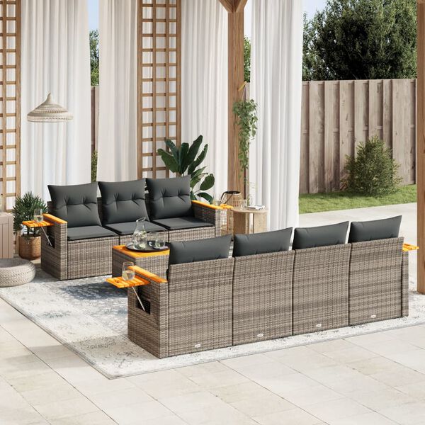 vidaXL Salon de jardin 8 pcs avec coussins gris r&eacute;sine tress&eacute;e