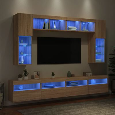 vidaXL Ensemble de meubles TV muraux 8pcs et lumières LED chêne sonoma