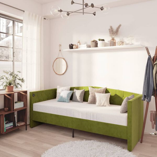 vidaXL Lit avec matelas et &eacute;clairage USB Vert clair Velours 90x200 cm