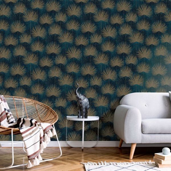 DUTCH WALLCOVERINGS Papier peint Feuilles Bleu p&eacute;trole et dor&eacute;
