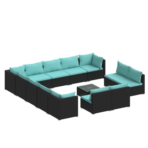 vidaXL Salon de jardin 14 pcs avec coussins Noir R&eacute;sine tress&eacute;e