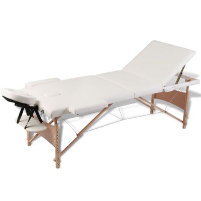 vidaXL Table pliable de massage Crème 3 zones avec cadre en bois