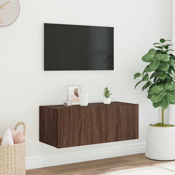 vidaXL Meuble TV mural avec lumi&egrave;res LED ch&ecirc;ne marron 80x35x31 cm