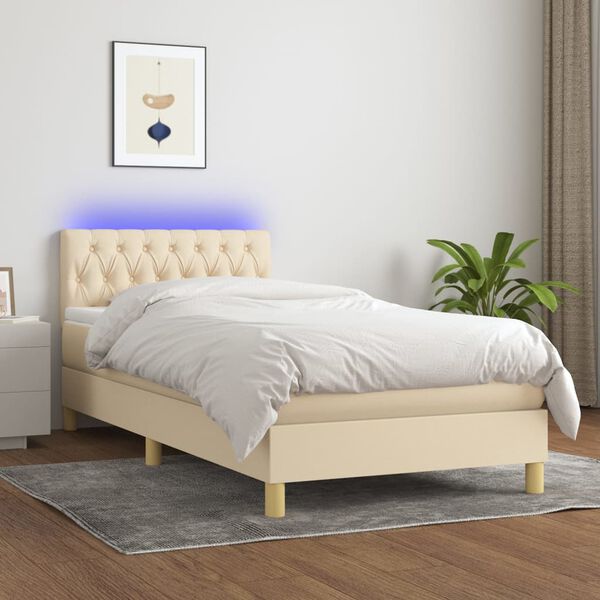 vidaXL Sommier &agrave; lattes de lit avec matelas LED Cr&egrave;me 90x200 cm Tissu