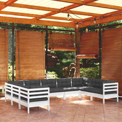 vidaXL Salon de jardin 9 pcs avec coussins blanc bois de pin