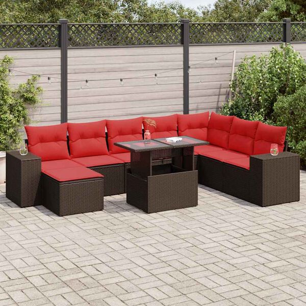 vidaXL Salon de jardin avec coussins 9pcs marron r&eacute;sine tress&eacute;e acacia