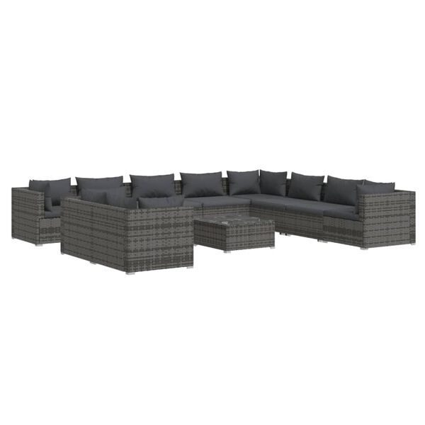 vidaXL Salon de jardin 11 pcs avec coussins Gris R&eacute;sine tress&eacute;e