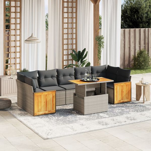 vidaXL Salon de jardin 8 pcs avec coussins gris r&eacute;sine tress&eacute;e