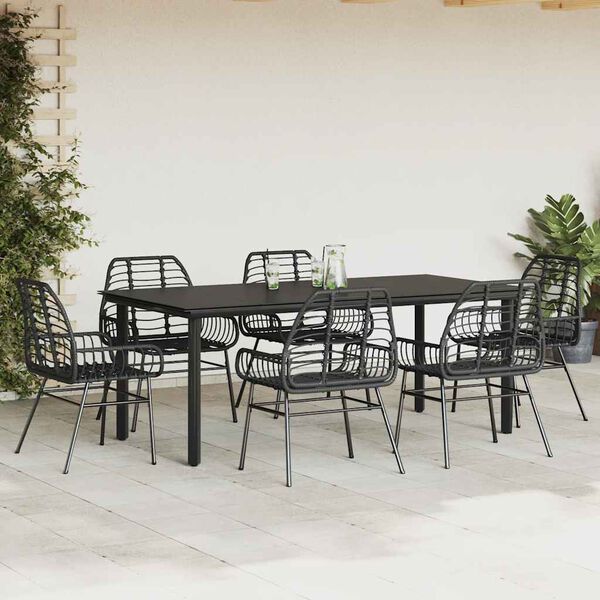 vidaXL Ensemble &agrave; manger de jardin 7pcs noir poly rotin verre