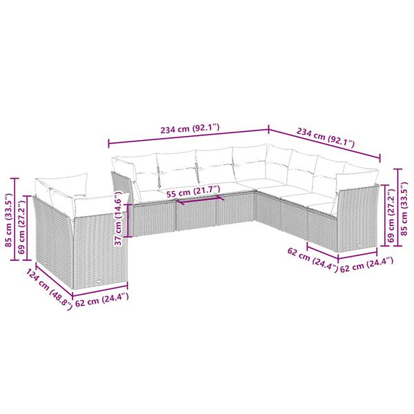 vidaXL Salon de jardin 9 pcs avec coussins gris clair r&eacute;sine tress&eacute;e