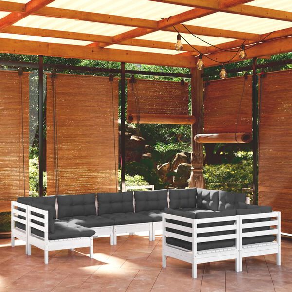 vidaXL Salon de jardin 9 pcs avec coussins blanc bois de pin massif