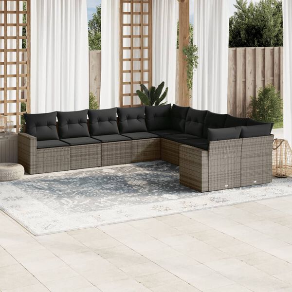vidaXL Salon de jardin avec coussins 10 pcs gris r&eacute;sine tress&eacute;e