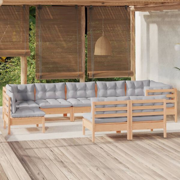 vidaXL Salon de jardin 9 pcs avec coussins gris bois de pin massif