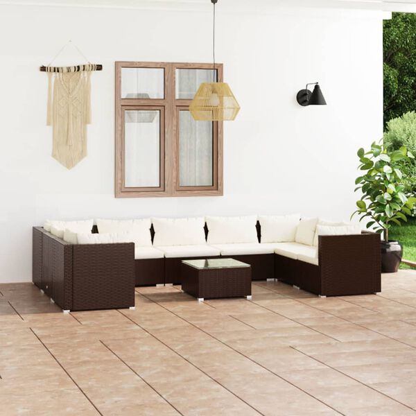 vidaXL Salon de jardin 10 pcs avec coussins R&eacute;sine tress&eacute;e Marron