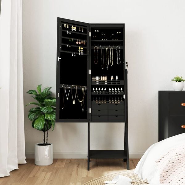 vidaXL Armoire &agrave; bijoux miroir avec lumi&egrave;res LED sur pied noir