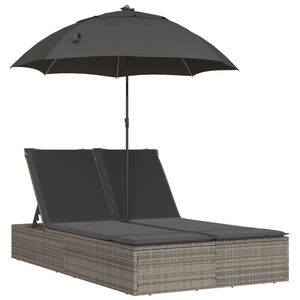 vidaXL Chaise longue double et coussins et parasol gris r&eacute;sine tress&eacute;e