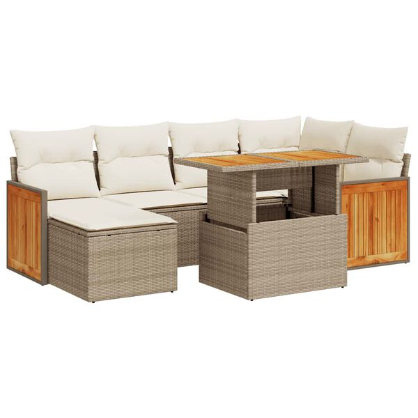 vidaXL Salon de jardin avec coussins 7 pcs beige r&eacute;sine tress&eacute;e acacia