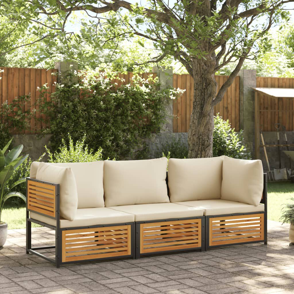 Salon De Jardin 3 Pièces En Acacia Massif - 2 Bancs + 1 Table Basse - Avec Coussins Gris Foncé - Dimensions Banc 119x67x83 Cm - 4