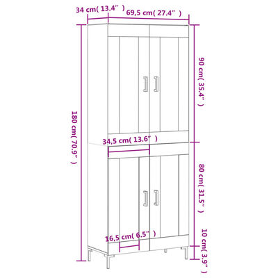 vidaXL Buffet haut Gris béton 69,5x34x180 cm Bois d'ingénierie