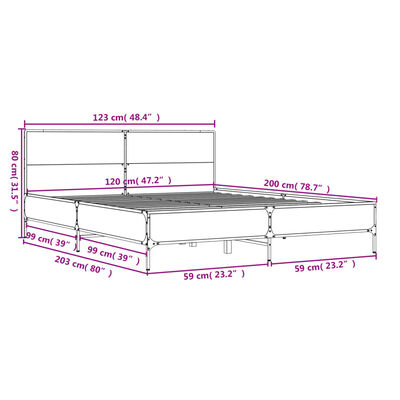 vidaXL Cadre de lit chêne marron 120x200 cm bois d'ingénierie et métal