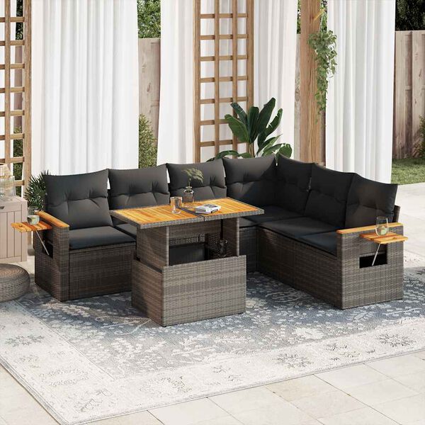 vidaXL Salon de jardin avec coussins 7 pcs gris r&eacute;sine tress&eacute;e acacia