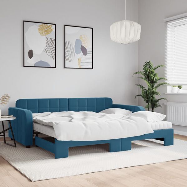 vidaXL Lit de jour avec lit gigogne et matelas bleu 90x200 cm velours
