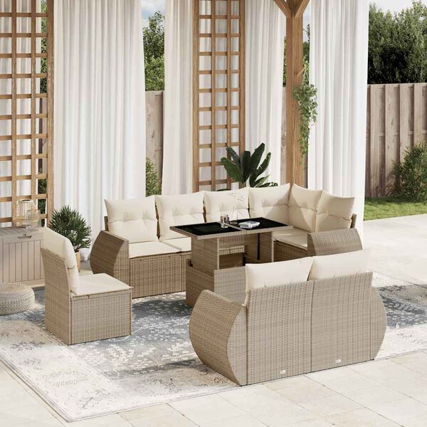 vidaXL Salon de jardin avec coussins 9 pcs beige r&eacute;sine tress&eacute;e