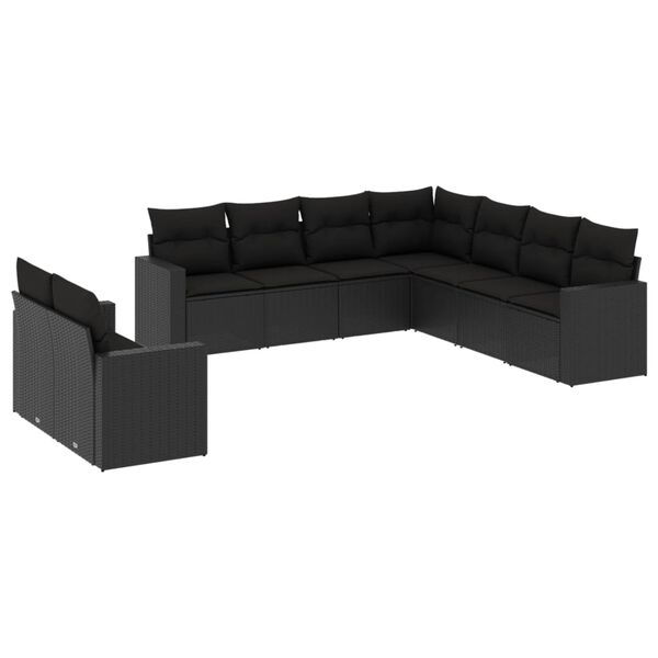 vidaXL Salon de jardin 9 pcs avec coussins noir r&eacute;sine tress&eacute;e