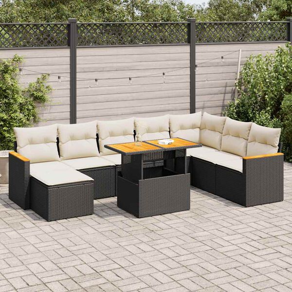 vidaXL Salon de jardin avec coussins 9 pcs noir r&eacute;sine tress&eacute;e acacia
