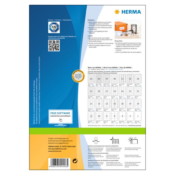 HERMA &Eacute;tiquettes permanentes PREMIUM A4 200x297 mm 100 Feuilles