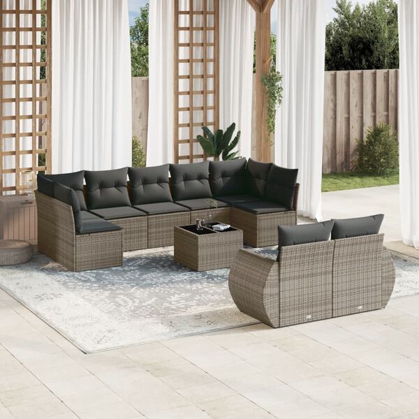 vidaXL Salon de jardin avec coussins 10 pcs gris r&eacute;sine tress&eacute;e