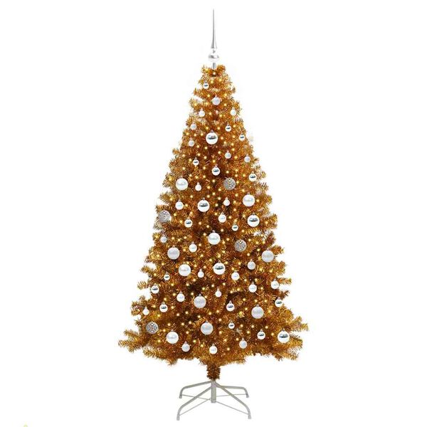 vidaXL Sapin de No&euml;l avec 300 LED avec support Dor&eacute; 180 cm PET