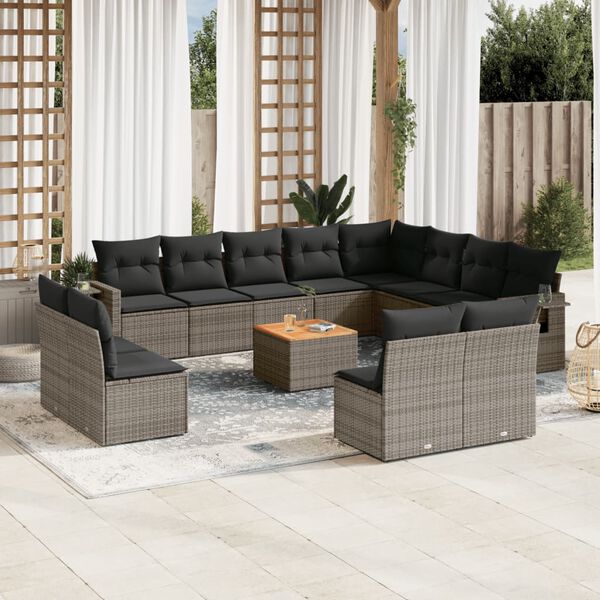 vidaXL Salon de jardin avec coussins 13 pcs gris r&eacute;sine tress&eacute;e