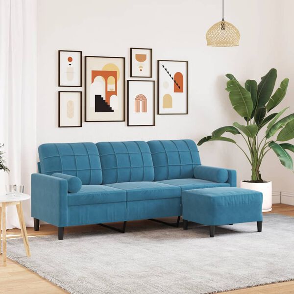 vidaXL Canap&eacute; &agrave; 3 places avec repose-pieds Bleu 180 cm Velours