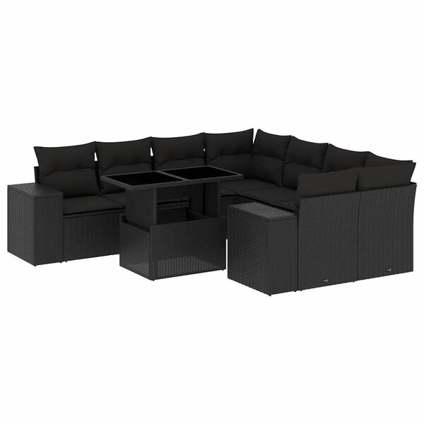 vidaXL Salon de jardin 9 pcs avec coussins noir r&eacute;sine tress&eacute;e