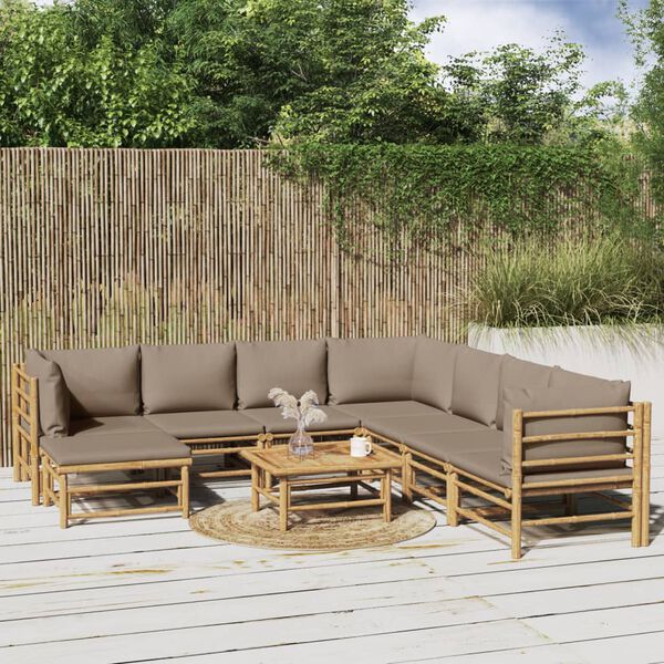 vidaXL Salon de jardin 9 pcs avec coussins taupe bambou