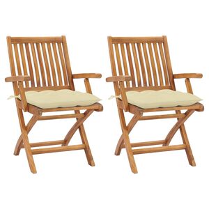 vidaXL Chaises pliantes (lot de 2) avec coussins blanc cr&egrave;me, en bois de teck massif