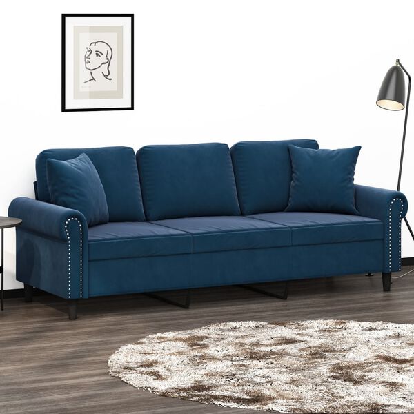 vidaXL Canap&eacute; 3 places et oreillers et coussins Bleu 180 cm Velours