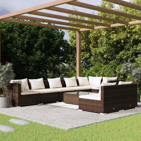 vidaXL Salon de jardin 9 pcs avec coussins Marron Résine tressée
