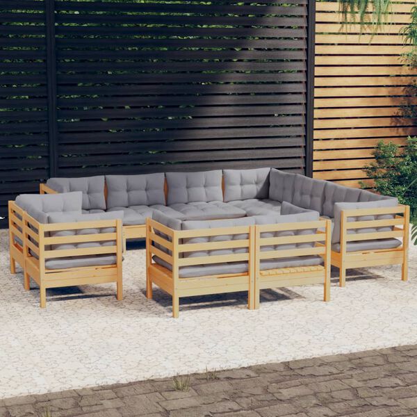 vidaXL Salon de jardin 11 pcs avec coussins gris Bois de pin solide